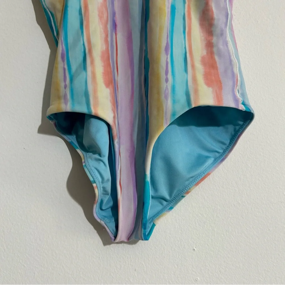 Athleta Girl Scoop One Piece Swimsuit Watercolor Stripe Blue Size Large 12